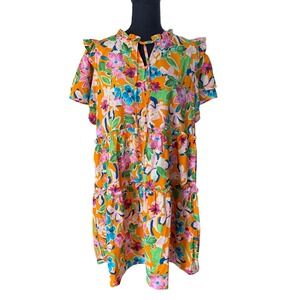 Umgee USA Floral Tiered Ruffle Midi Dress Size 1XL Lightweight Colorful Summer